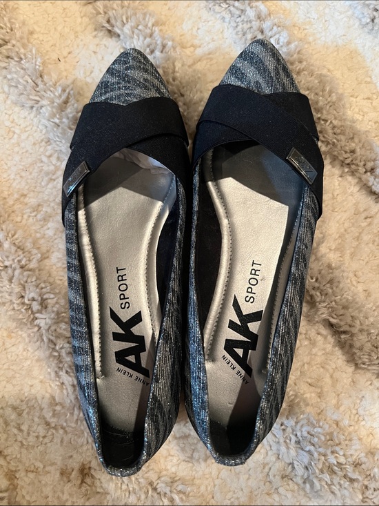 Anne Klein Shoes - Anne Klein Metallic Gray Pointed Flats with Black Elastic Strap